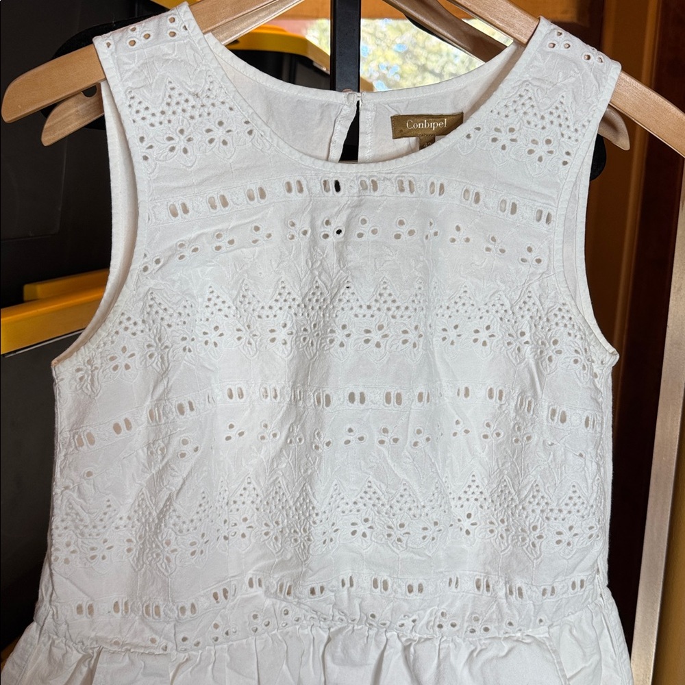 Conbipel White Eyelet Sleeveless Cotton Mini Dress Size Large (42) - Picture 6 of 9